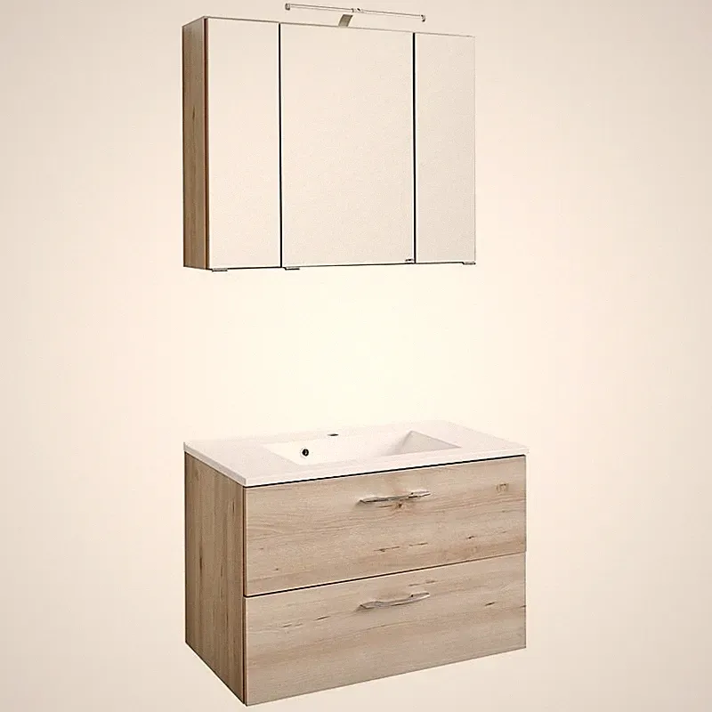 Badezimmermöbel Set Buche 80cm Waschtisch LED Spiegelschrank Badmöbel Waschplatz
