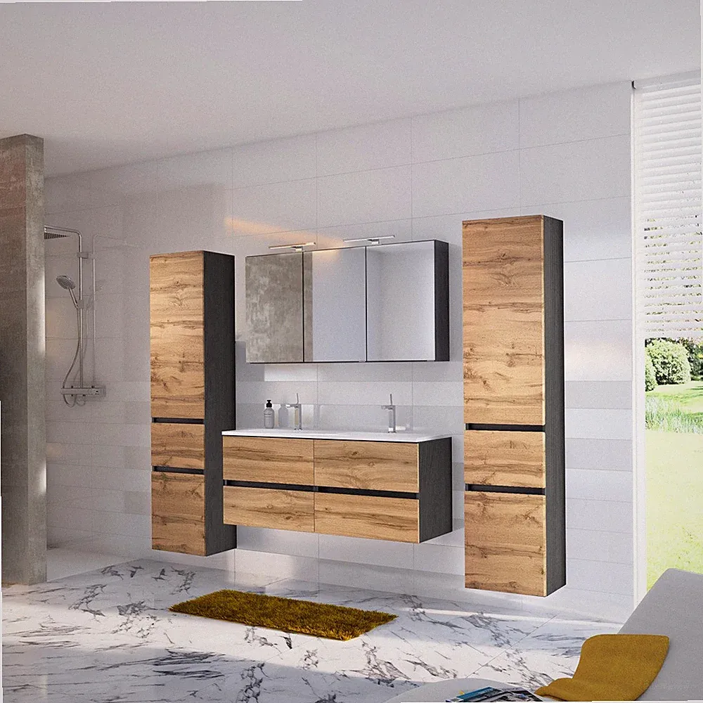 Badezimmermöbel Set Doppel-Waschtisch Seitenschrank LED-Spiegelschrank Gäste-WC