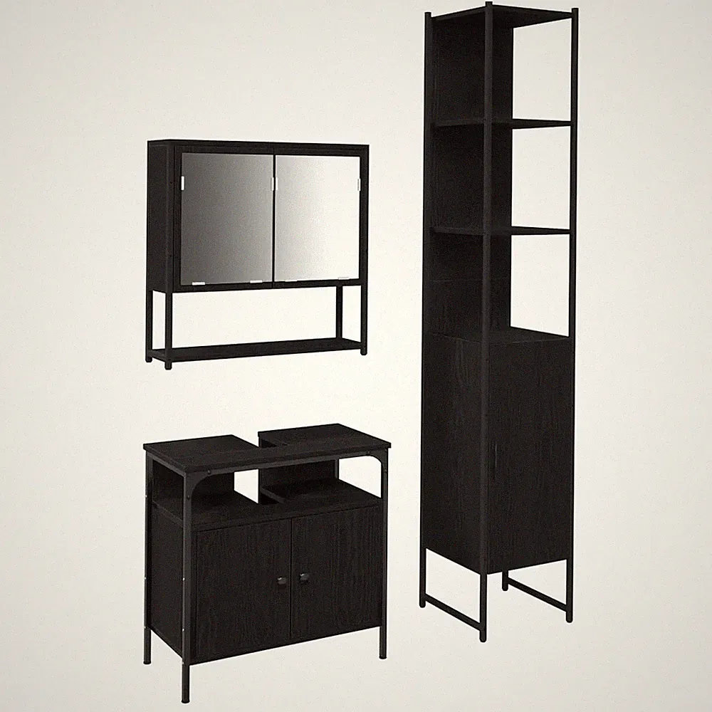 Badezimmermöbel Set dreiteilig Schwarz Eichenoptik Holzwerkstoff