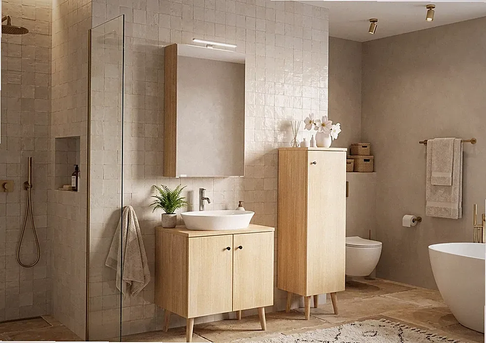 Badezimmermöbel-Set Eiche-Dekor Spiegelschrank Waschtisch Badschrank mit Füßen