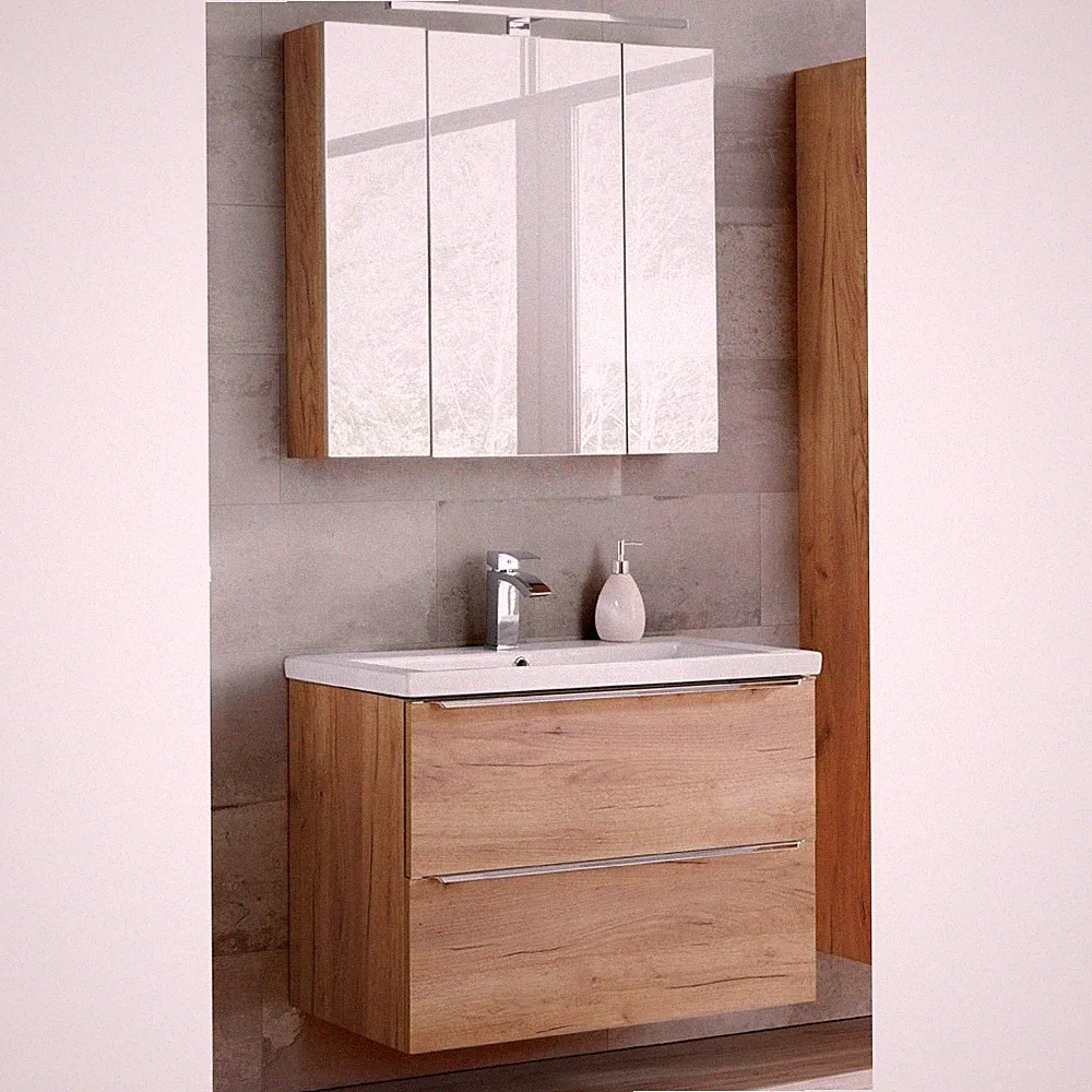 Badezimmermöbel Set Eiche mit 80cm Keramik Waschtisch und LED Spiegelschrank 3D