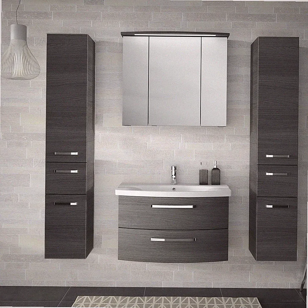 Badezimmermöbel Set graphit Keramik Waschtisch LED Spiegelschrank 2 Hochschränke
