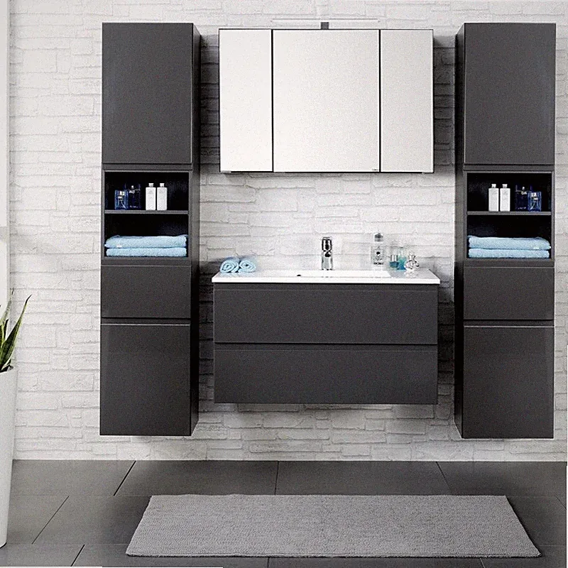 Badezimmermöbel Set grau 100cm Waschtisch & Spiegelschrank Badmöbel Hochschrank