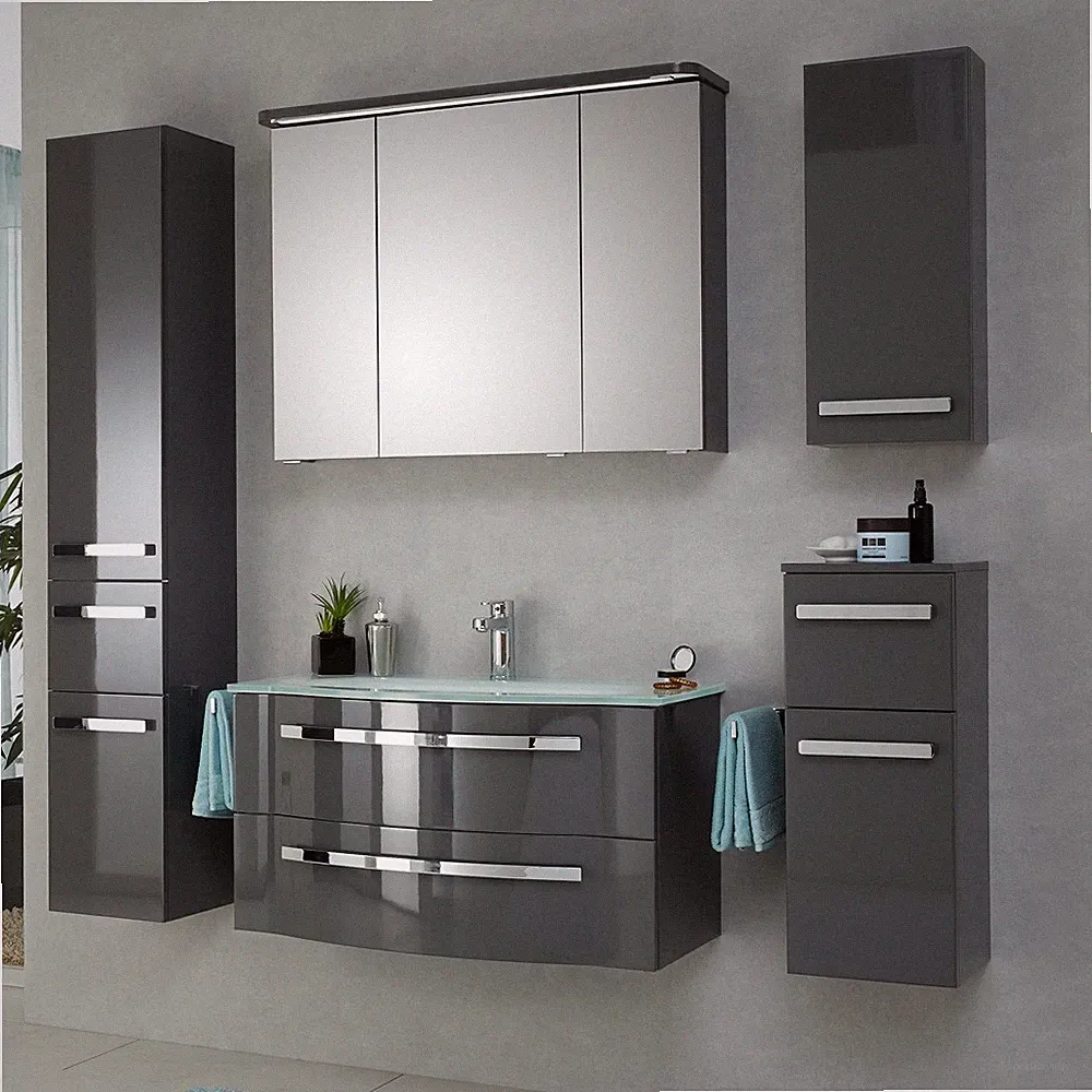Badezimmermöbel-Set grau Waschtisch Hängeschrank Bad Hochschrank Spiegelschrank