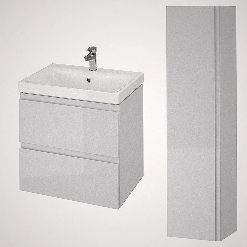 Badezimmermöbel Set Grau Waschtischunterschrank 60 cm & Hochhängeschrank 160cm