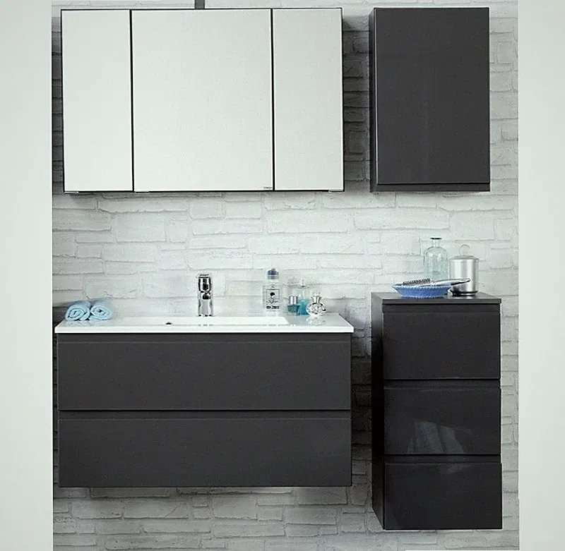 Badezimmermöbel Set Hochglanz grau 100cm Waschtisch LED Spiegelschrank Badmöbel