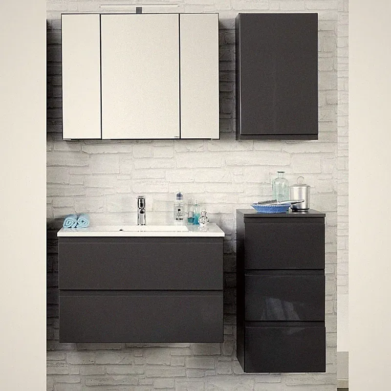 Badezimmermöbel Set Hochglanz grau 80cm Waschtisch LED Spiegelschrank Badmöbel