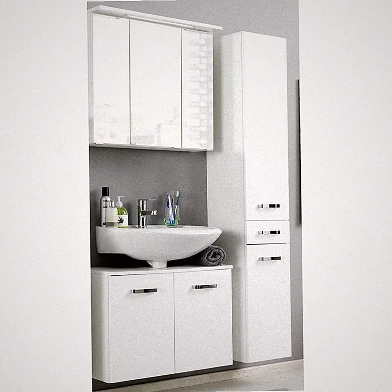 Badezimmermöbel Set Hochglanz Waschtisch-Unterschrank Spiegelschrank Hochschrank