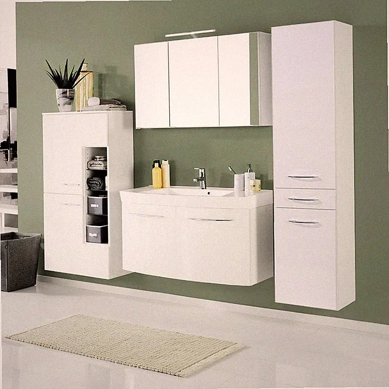 Badezimmermöbel Set Hochglanz weiß 100cm Waschtisch LED Spiegelschrank Badmöbel