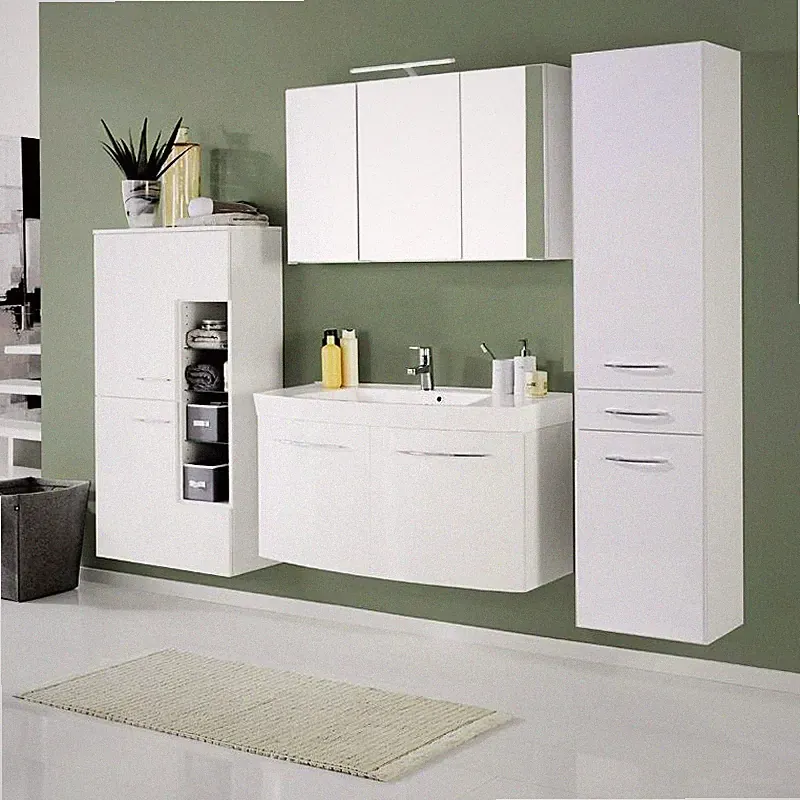 Badezimmermöbel Set Hochglanz weiß 100cm Waschtisch LED Spiegelschrank Badmöbel
