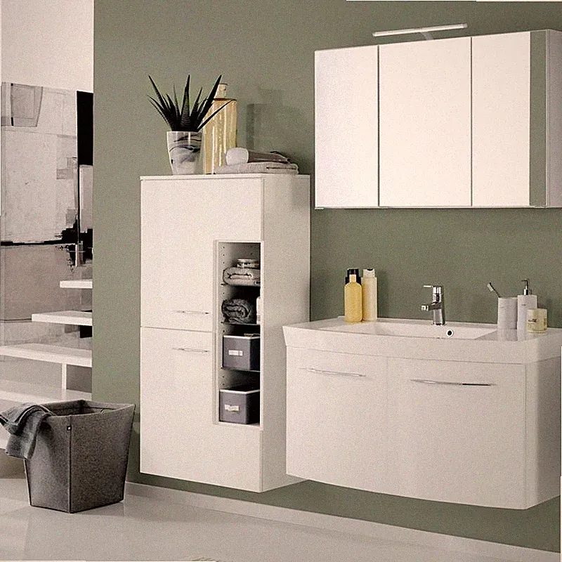 Badezimmermöbel Set Hochglanz weiß 100cm Waschtisch LED Spiegelschrank Badmöbel