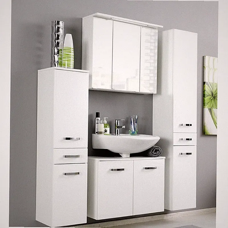 Badezimmermöbel Set Hochglanz weiß Waschbeckenschrank Spiegelschrank Hochschrank