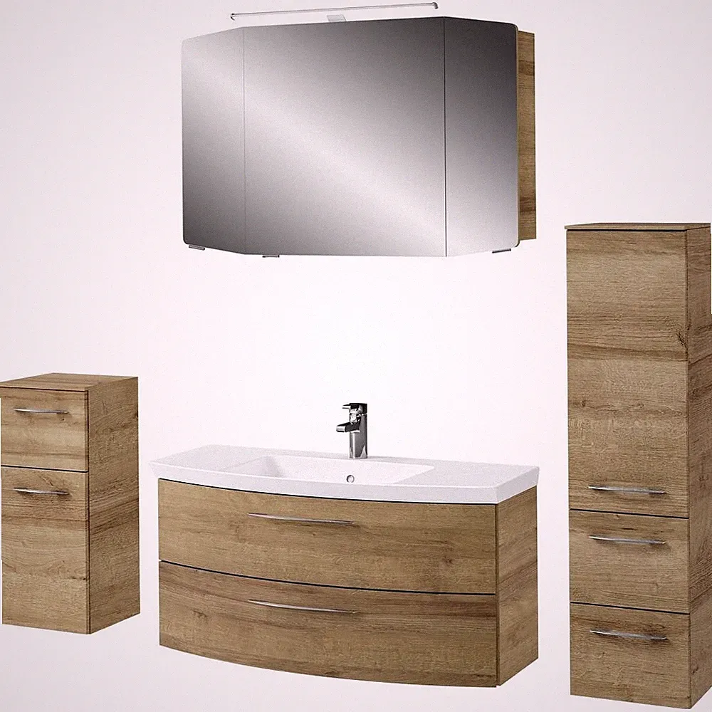 Badezimmermöbel Set in Riviera Eiche Waschtisch LED-Spiegelschrank Midischrank