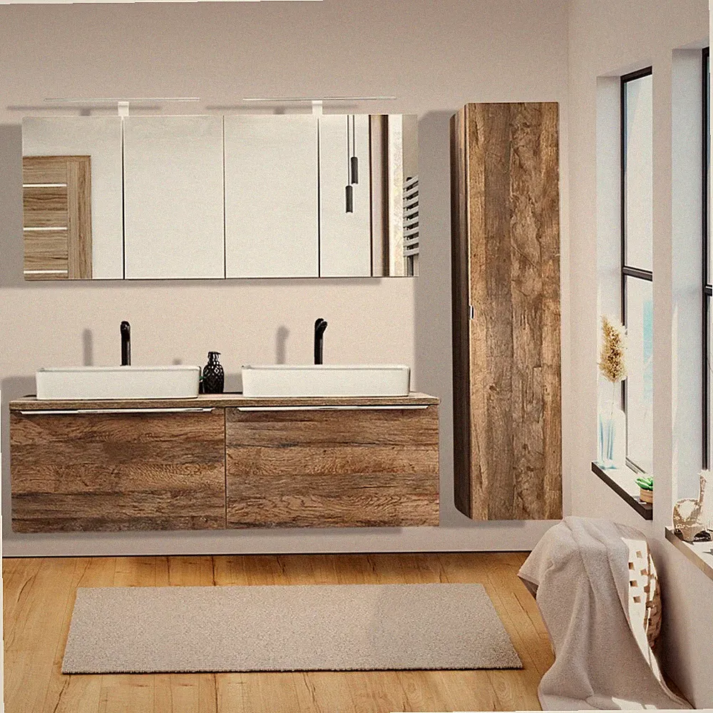 Badezimmermöbel Set in Vintage Oak Eiche Doppelwaschtisch und Schränke