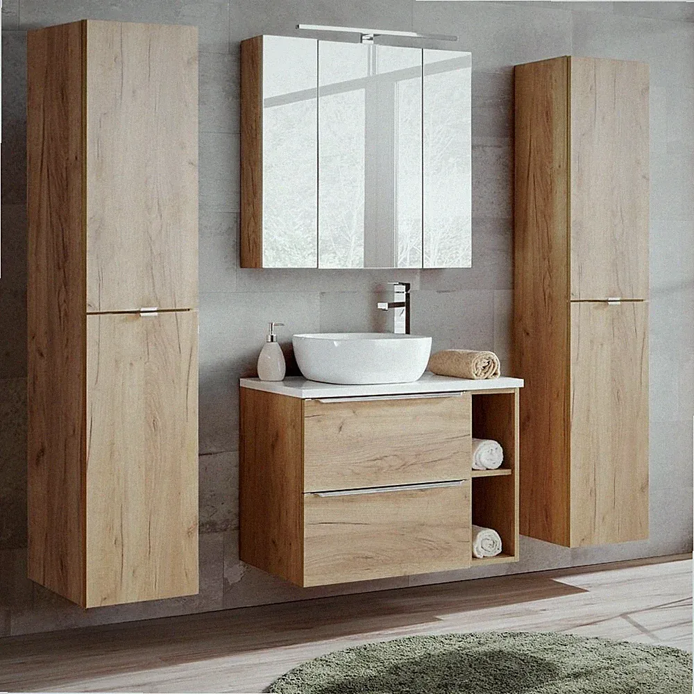 Badezimmermöbel Set Keramik Waschtisch Eiche 2 Hochschränke LED Spiegelschrank