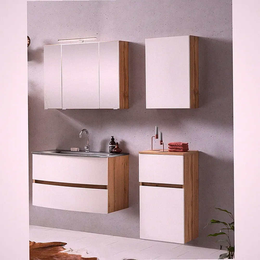Badezimmermöbel Set matt weiß Wotaneiche Waschtisch Spiegelschrank Hängeschrank
