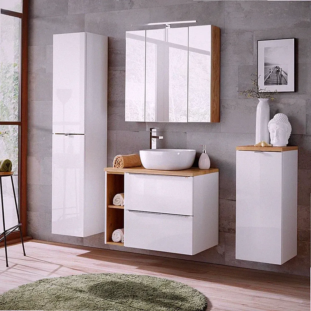 Badezimmermöbel Set mit LED-Spiegelschrank 3D, weiß Hochglanz & Wotaneiche