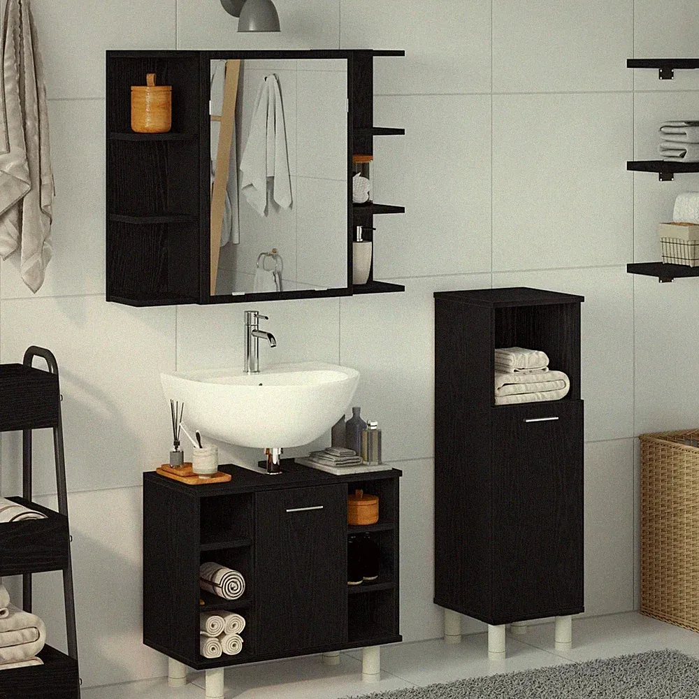 Badezimmermöbel-Set mit Regal 3 pcs Schwarz 30 x 30 x 99,5 cm Badezimmer Set Mod