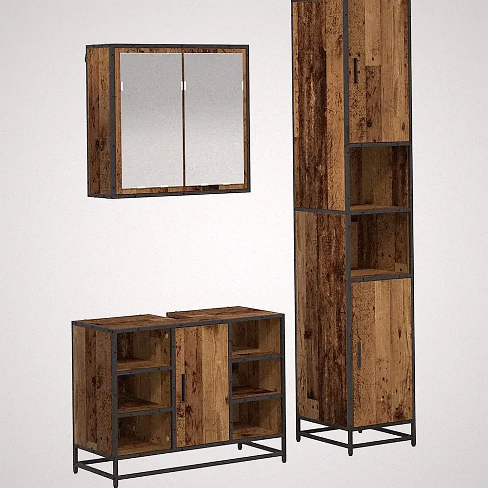 Badezimmermöbel-Set mit Regal 3-teilig Altholz Holzwerkstoff