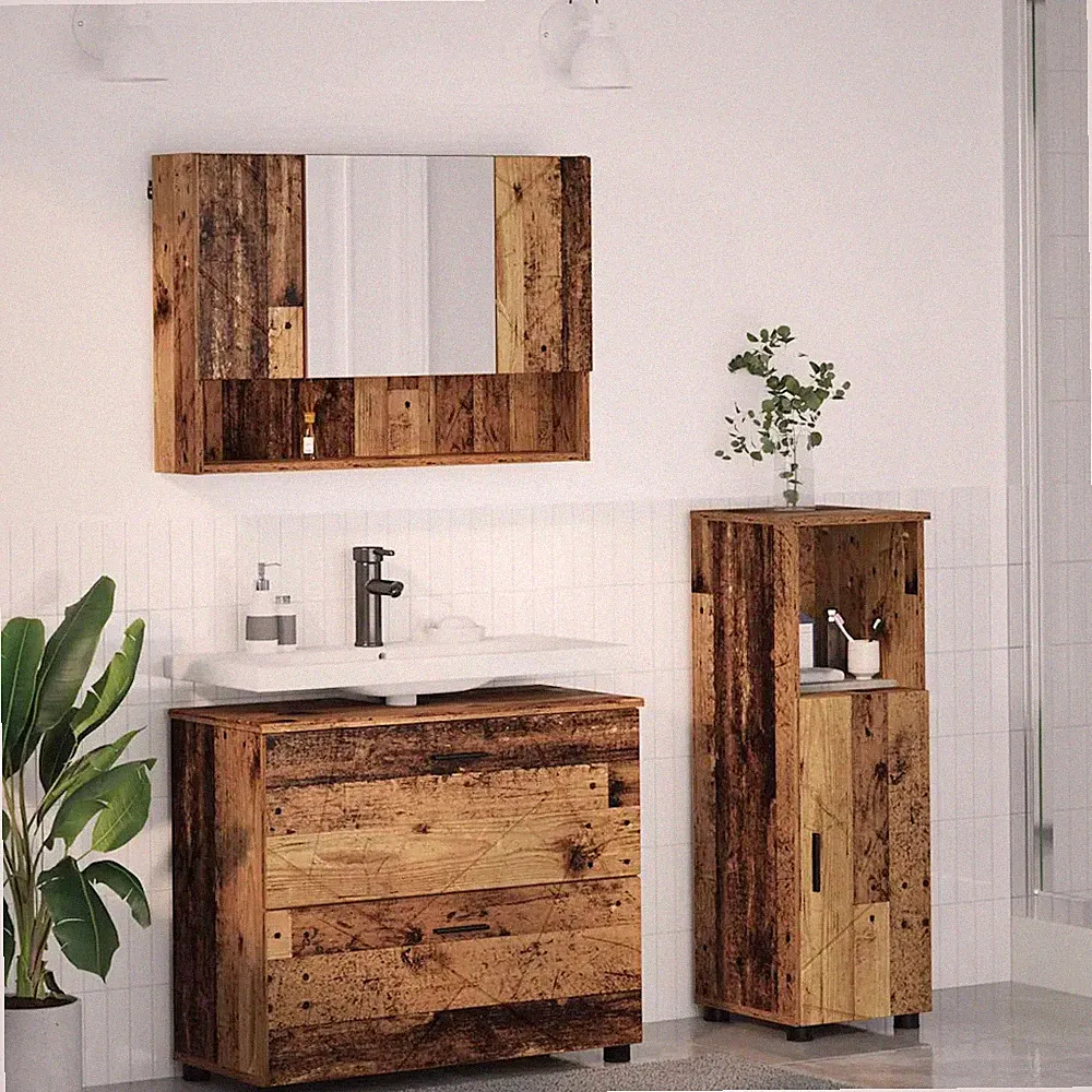 Badezimmermöbel-Set mit Tür aus Altholz Sperrholz und Metall 3-teilig