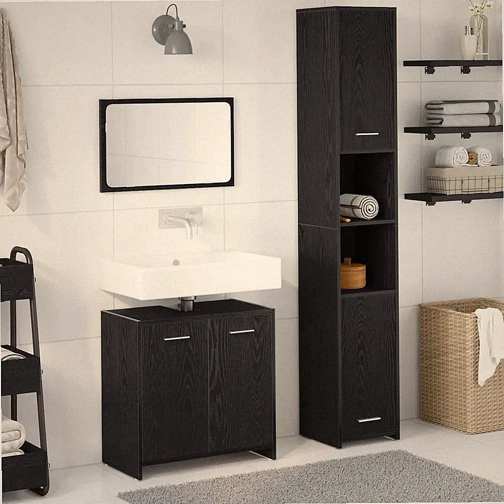 Badezimmermöbel Set Schwarz Eichenoptik Holzwerkstoff 3-teilig