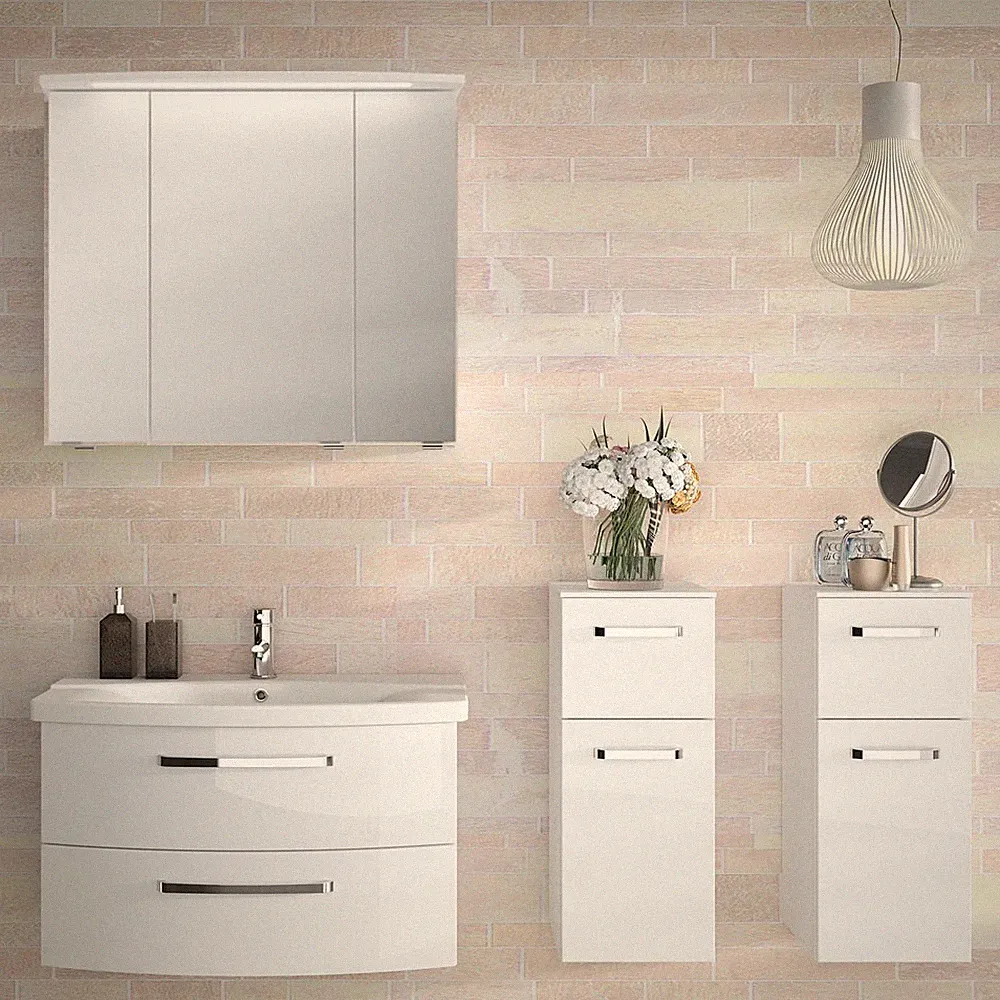 Badezimmermöbel Set Seitenschrank Spiegelschrank Bad Waschtisch weiß Hochglanz