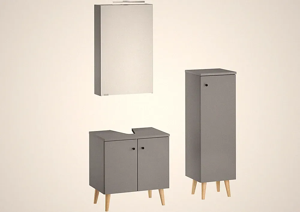 Badezimmermöbel-Set Spiegelschrank Waschtisch Badschrank grau mit Füßen