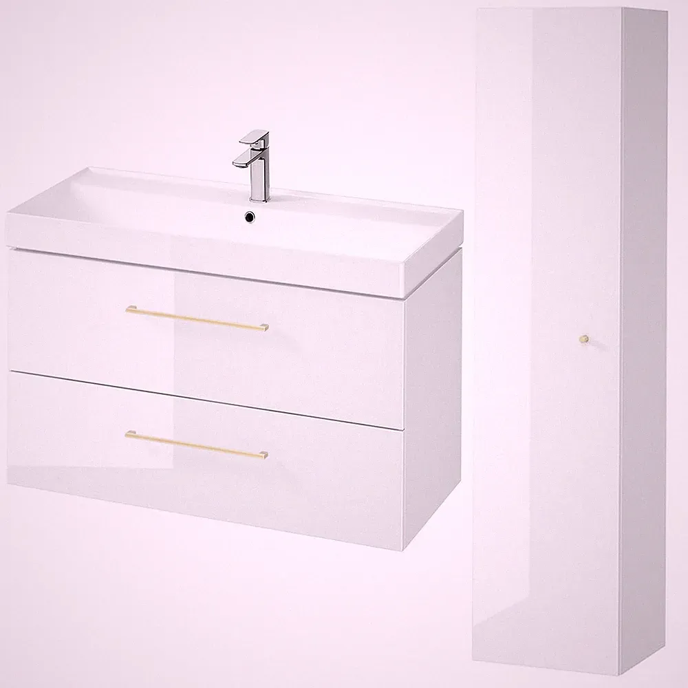 Badezimmermöbel Set Weiß Waschtischunterschrank 100cm & Hochhängeschrank 160cm