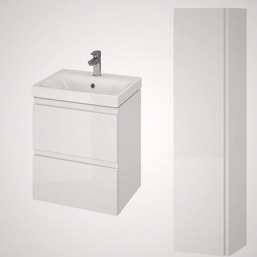 Badezimmermöbel Set Weiß Waschtischunterschrank 50cm & Hochhängeschrank 160cm