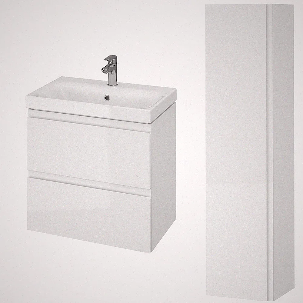 Badezimmermöbel Set Weiß Waschtischunterschrank 60 cm & Hochhängeschrank 160cm