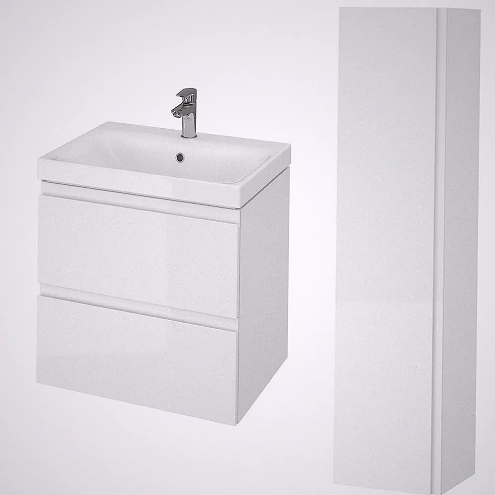 Badezimmermöbel Set Weiß Waschtischunterschrank 60cm & Hochhängeschrank 160cm
