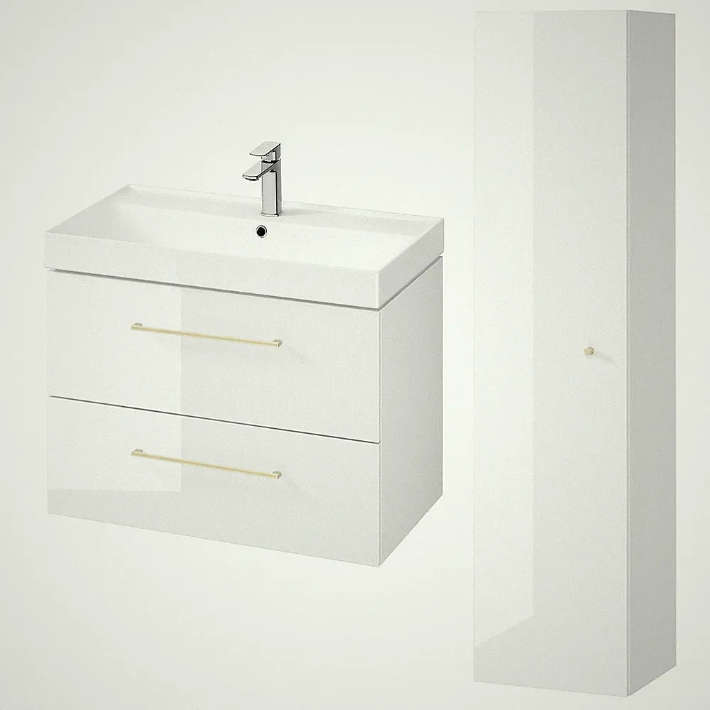 Badezimmermöbel Set Weiß Waschtischunterschrank 80cm & Hochhängeschrank 160cm