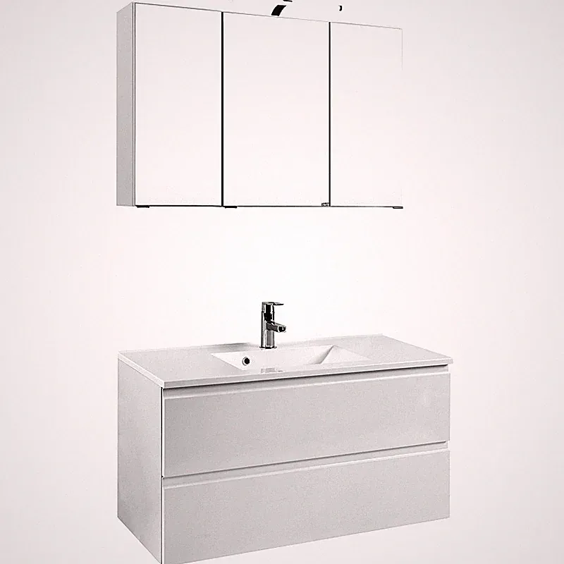Badezimmermöbel Waschplatz Set Hochglanz 100cm Waschtisch mit LED Spiegelschrank