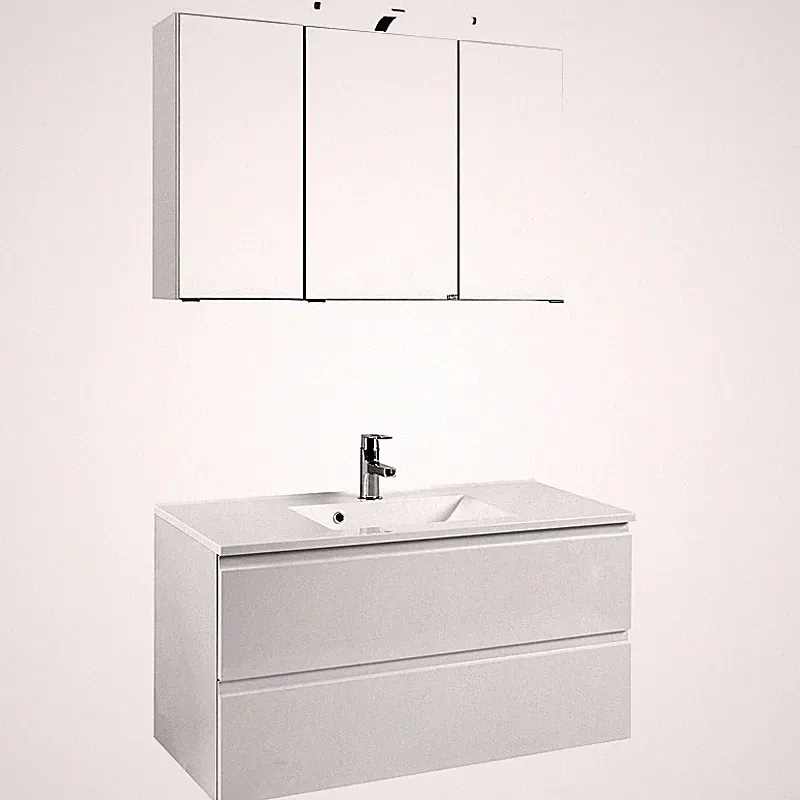 Badezimmermöbel Waschplatz Set Hochglanz 100cm Waschtisch mit LED Spiegelschrank