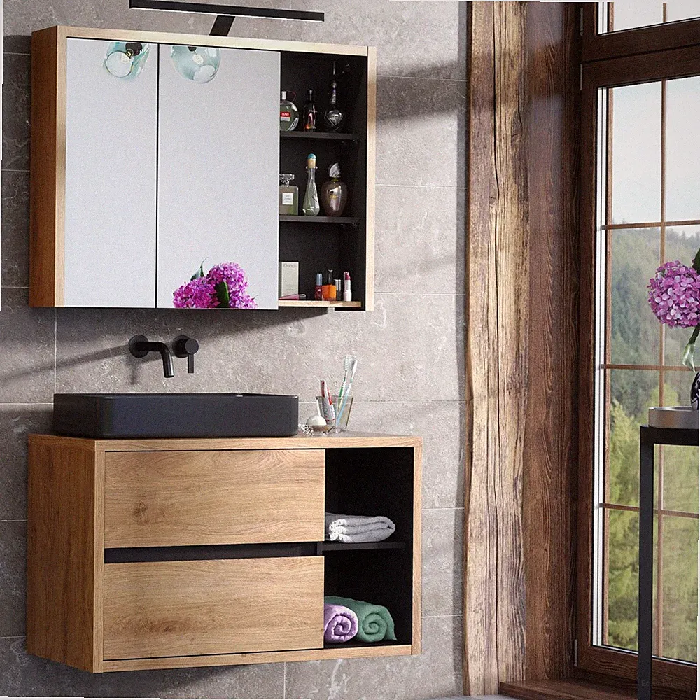Badezimmermöbel Waschtisch Set in Eiche anthrazit LED-Spiegelschrank Gäste-WC
