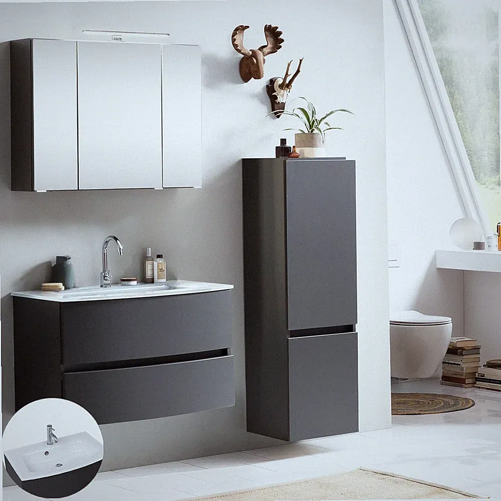 Badezimmermöbel Waschtisch Set matt grau LED-Spiegelschrank Midischrank Gäste-WC