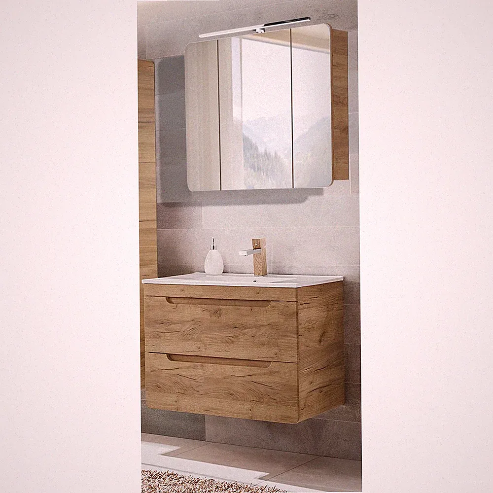 Badezimmermöbel Waschtisch und LED-Spiegelschrank Set in Wotaneiche Gäste-WC Bad