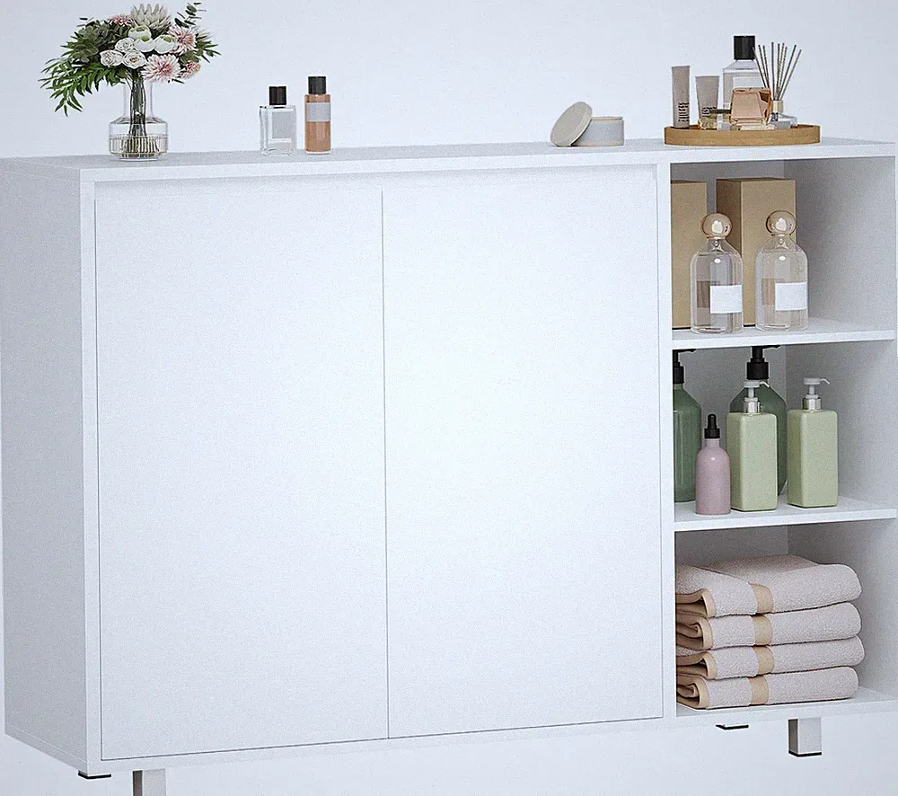 Badezimmerschrank 2 Türen Badschrank 3 Fächer Stauraum Metallfüße Kippschutz