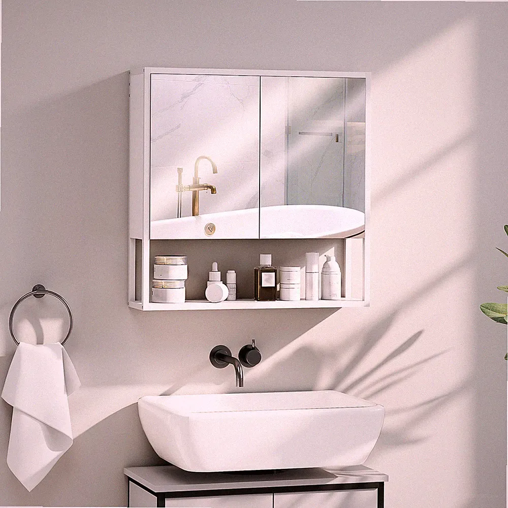 Badezimmerschrank Hängeschrank weiß 60x16x60cm Spanplatte Stahl Glas Spiegel