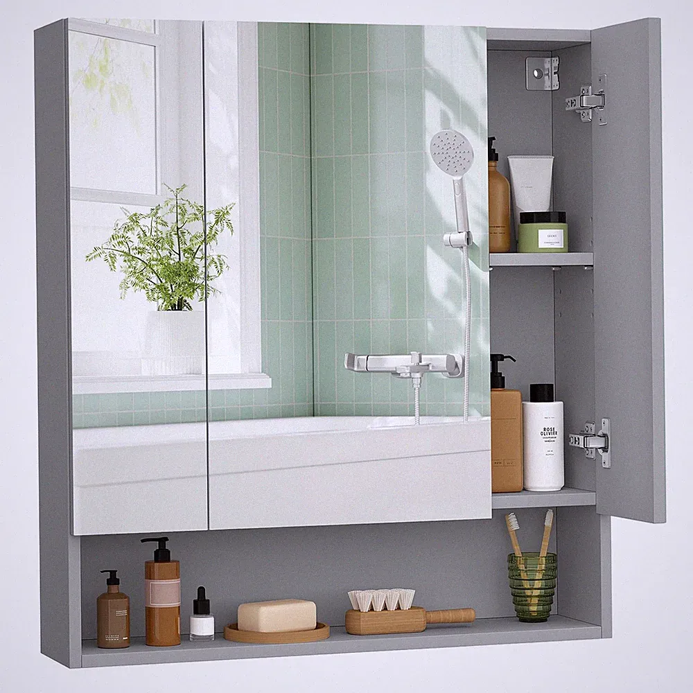 Badezimmerschrank mit 3 Türen, Spiegelschrank, 16,5 x 70 x 75 cm