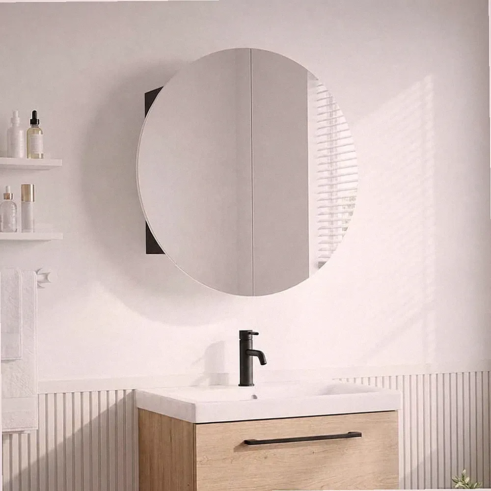 Badezimmerschrank Mit Rundem Spiegel & LED Schwarz 40x40x17.5cm