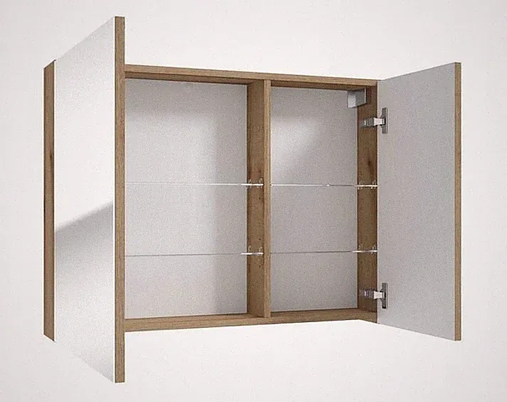 Badezimmerschrank mit Spiegel 80 cm, Eichenholz und Glasregale Rietti