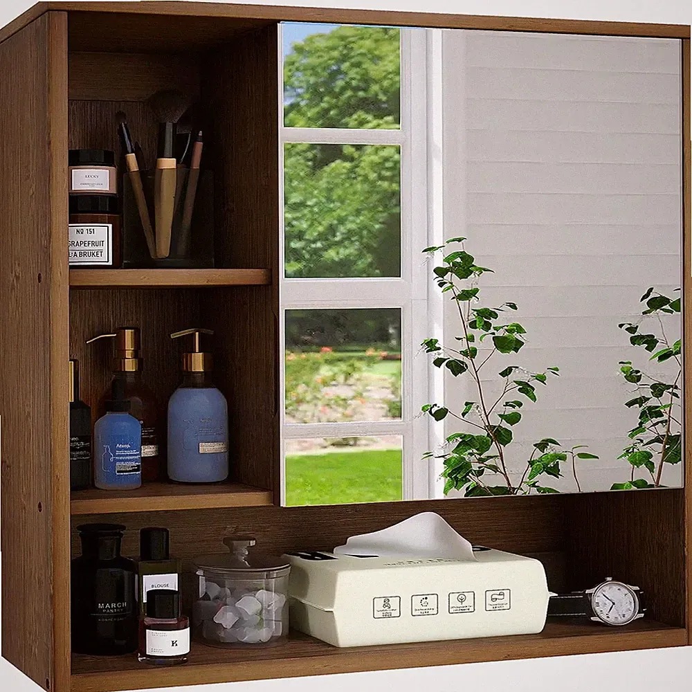 Badezimmerschrank mit Spiegel Bambus Wandschrank 2 Türen verstellbar
