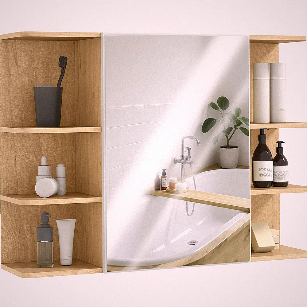 Badezimmerschrank mit Spiegel für Badezimmer Wandmontage Naturholz Optik