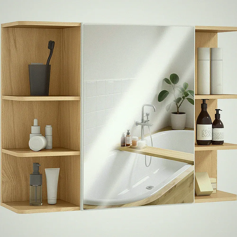 Badezimmerschrank mit Spiegel für Badezimmer Wandmontage Naturholz Optik