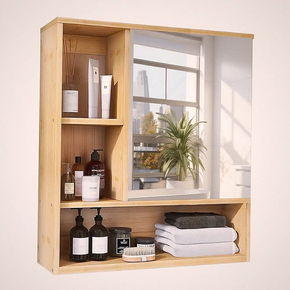 Badezimmerschrank Spiegelschrank Bambus Wandschrank platzsparend 55,5x16x61 cm