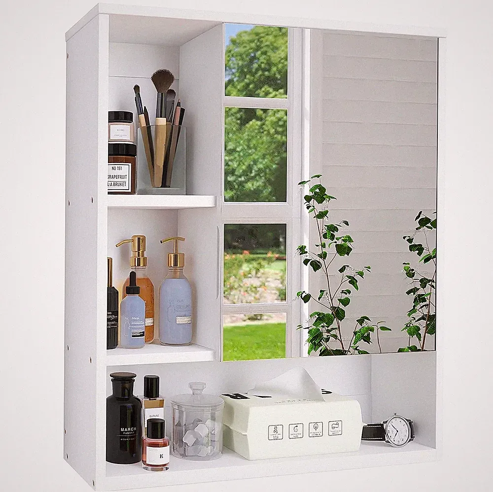 Badezimmerschrank Wandmontage mit Spiegel 2 Türen Bambus Organizer 80x60 cm