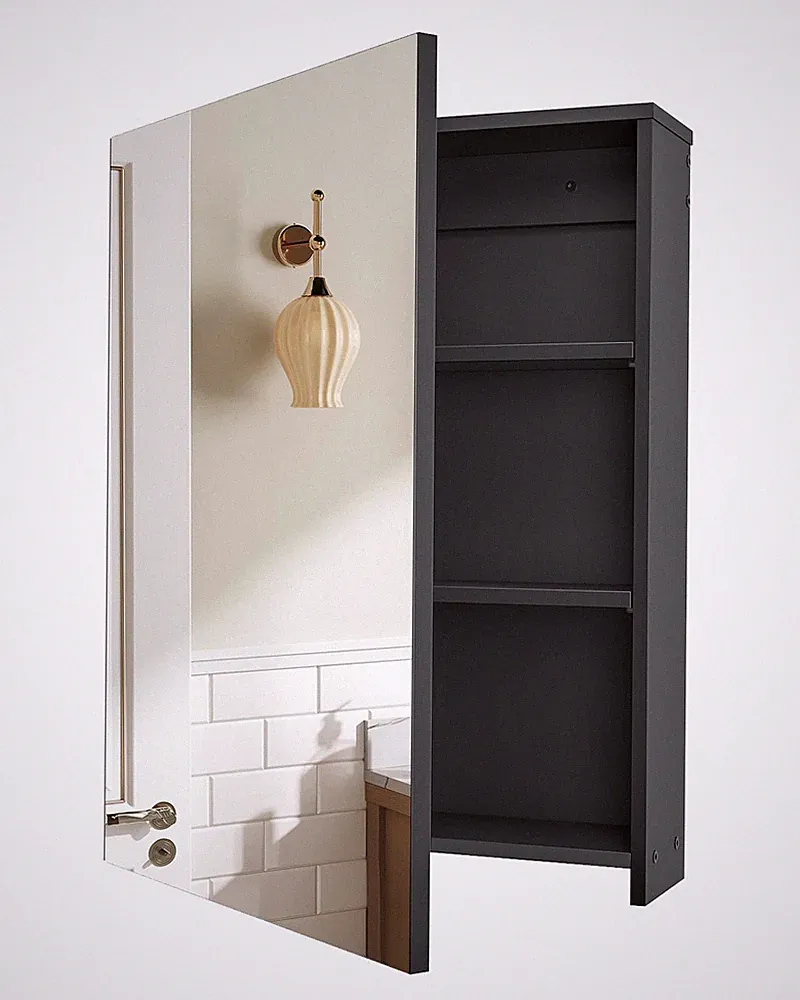 Badezimmerschrank Wandschrank Spiegel Hängeschrank Aufbewahrung Schwarz 45x60cm