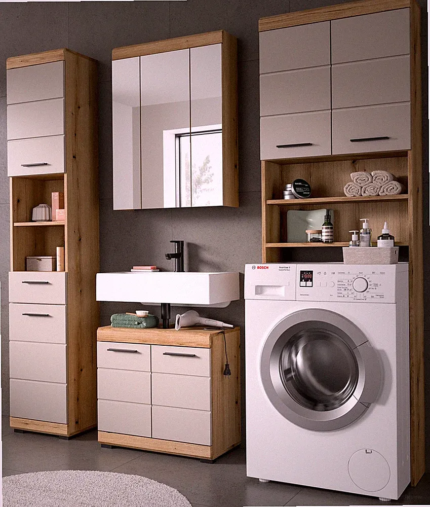 Badmöbel Badezimmer Komplett Set 4-tl Eiche Kaschmir Waschmaschinenschrank Shawn