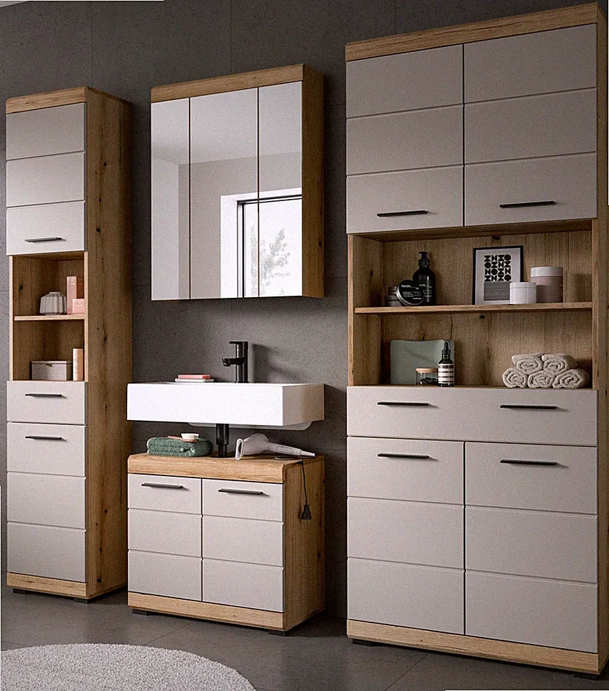 Badmöbel Badezimmer Komplett Set 4-tlg. Eiche Kaschmir mit Hochschrank LED Shawn